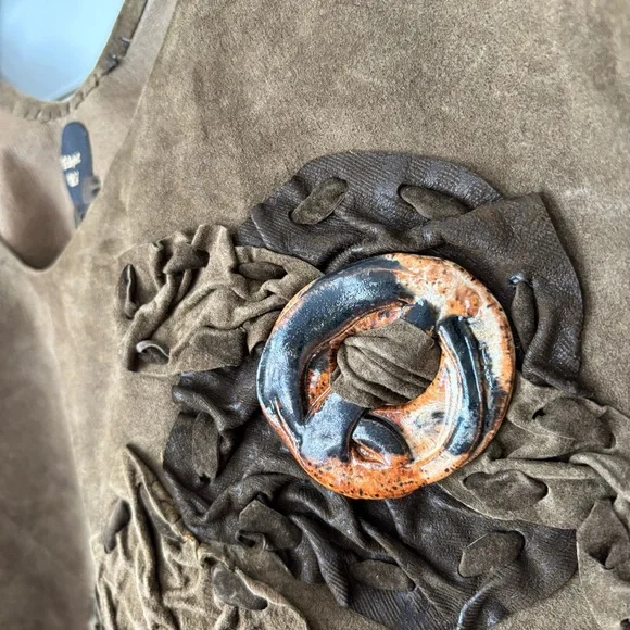 Handmade Vinatge Greenish Brown Suede Leather Poncho Topper - Picture 6 of 14